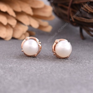 Freshwater Pearl Stud Earring with Rose Gold Jacket | White Pearl Earrings in 10kt Gold | Pearl Halo Studs Day to Night Transitional Look