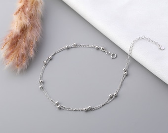 Silver Classic Loose Bracelet | Double Chain Shiny Balls Bracelet in Sterling Silver | Delicate Every day Bracelet | Gift for partner