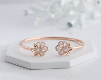 RoseGold Flower Diamond Cuff Bracelet | Adjustable Women Bangle Bracelet in Sterling Silver | Everyday Bracelet | Floral Engagement Bracelet