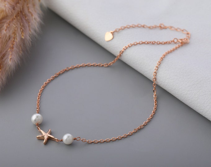 Featured listing image: Rose Gold StarFish Pearl Bracelet | Loose Chain Bracelet in Sterling Silver | Delicate Every day Bracelet | Valentine Gift | Dainty Bracelet