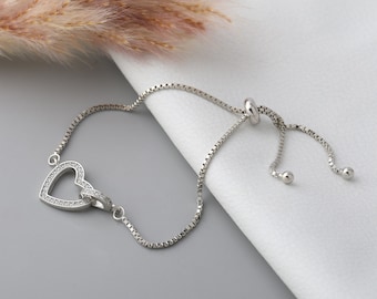 Silver Heart Diamond Bracelet | Chain Bracelet in Sterling Silver | Delicate Everyday Flexible Bracelet | Gift for Occasion | Loose Bracelet