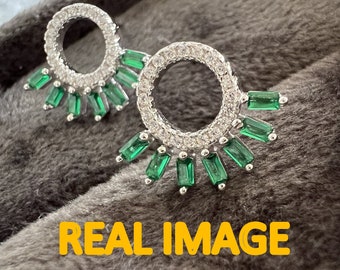 Emerald and sapphire diamond sunrays earring studs in sterling silver. Natural 2 mm baguette and moisannite earring stud. Bridesmaids dangle