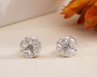 Marquise and Princess Diamond solitaire Stud Earrings for women ,Unique Diamond Stud in 10Kt White Gold, Man made Diamond Illusion Earrings