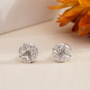 Marquise and Princess Diamond solitaire Stud Earrings for women ,Unique Diamond Stud in 10Kt White Gold, Man made Diamond Illusion Earrings