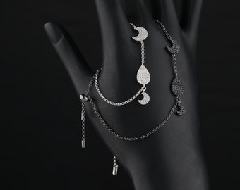Silver Moon Diamond Bracelet | Loose Chain Bracelet in Sterling Silver | Delicate Every day Bracelet | Valentine Gift | Adjustable  Bracelet