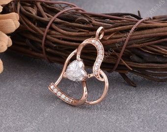 Heart Diamond Pendant | Rose Gold Pendant Heart Diamond Center Stone | Open Heart Charm Pendant | Unique Jewelry Gift | Two Hearts Pendant