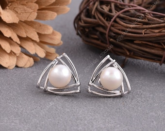 Pearl Stud Earrings with Double Triangle Jacket | Fusion Pearl Earrings in 925 Sterling Silver with Earring Jacket | Discount Women Jewelry