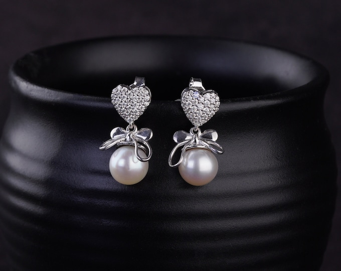 Featured listing image: Pearl Heart and Bow Diamond Earrings | Freshwater Pearl Earrings with shining diamond Heart and bow in 925 Sterling Silver. Earrings For Her
