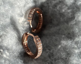 Diamond Rose Gold Small Hoops | 2 Row Diamonds Hoop Earrings in Sterling Silver | Pretty Everyday Earrings in Gold, Silver | Round Hoops