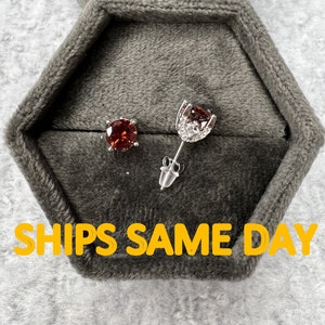 Garnet Stud Earrings-Deep Red Earrings-January Birthstone-Red Garnet Earrings-Birthstone Jewelry-Sterling Silver and diamonds