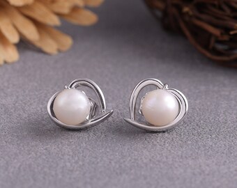 Heart Pearl Ear Jacket Stud Earrings | Freshwater Real Pearl Earrings in 925 Sterling Silver | Bridesmaid Wedding Jewelry | Minimal Earring