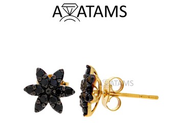 Black Diamond Earrings in 10kt Gold | Cluster Round Diamond Earrings | Eco Friendly Lab Grown Enhanced Black Diamond Flower stud Earrings