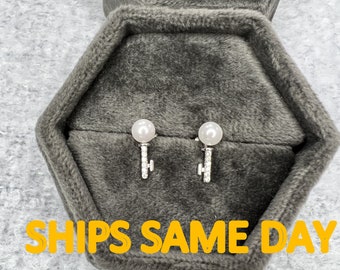 Pearl Earring with diamond studded key in sterling silver | White freshwater Pearl Earring | lock key earrings with moissanite diamonds