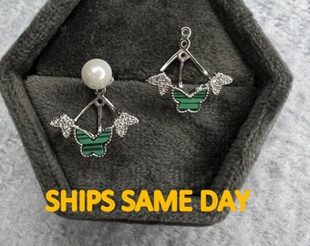 jacket earrings, front and back 3 butterfly with pearl earring jacket, green and white, diamond and pearl butterfly stud earring cuff silver