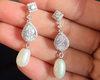 Diamond Pearl Drop Earrings | Freshwater Pearl Dangling Diamond Sterling Silver Earrings | Pear Diamond Bridal Earring | Gift for Her