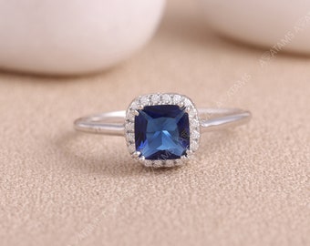 0.8 carat Sapphire Diamond Ring. Cushion Cut diamond ring in sterling silver. Wedding Engagement Diamond Ring for her. Blue Gemstone ring.