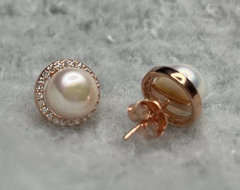 Freshwater Pearl Round Diamond Earrings | Pearl Earrings with Diamond Circle in Silver | Rose Gold Halo Studs For Daily Fashion Style