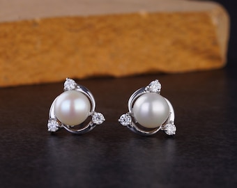 Freshwater Pearl Stud Earring with Silver Halo | White Pearl Earrings in Sterling Silver | Dainty Pearl Silver Studs Minimalist Gift For Her