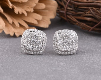 Genuine real Diamond Stud Earrings | Square Shape Stud Earrings for Her in White Gold | Cluster Round cut Diamond Stud Earring, wedding gift