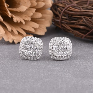 Genuine real Diamond Stud Earrings | Square Shape Stud Earrings for Her in White Gold | Cluster Round cut Diamond Stud Earring, wedding gift