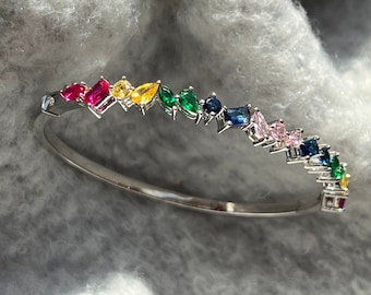 Silver bangle bracelet with emerald, pear, princess, round and marquis moissanite diamond. Multicolor Gemstone Bracelet in Sterling Silver