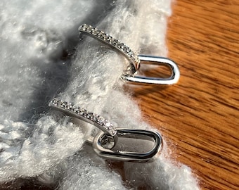 Convertible Diamond Hoops | Silver Link Double Earrings in Sterling Silver. Hoop in Hoop Dangle Drop Oval Hoops Earrings. Rectangular Hoops