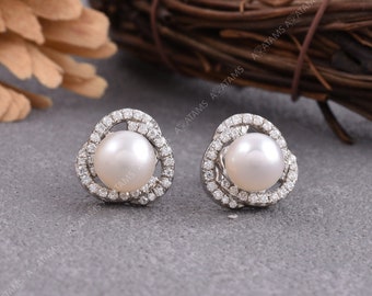 Pearl Halo Stud Floral Earring Jacket | Fusion Pearl stud Earrings in 925 Sterling Silver | Diamond Earring Jacket with Earring Pearl Studs