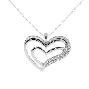10,14Kt Gold and diamond Double heart Pendant necklace. Heart in a heart pendant in Gold or Silver. Dual heart budget jewelry. Halo diamond