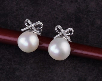 Pearl and Bow Diamond Earrings | Freshwater Pearl Earrings with shining diamond bow in 925 Sterling Silver | Aesthetic Knot Earrings For Her