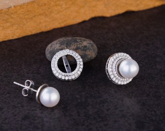 Freshwater Pearl Dual Round Diamond Earrings Pearl Earrings with floral Diamond Jacket in Silver. Diamond Double Halo Studs For Daily Wear.