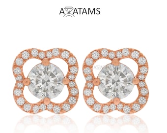 Earrings | 10kt Rose Gold Women Round Diamond Square Floral Cluster Earrings | Classic Halo Stud | Moissanite Diamond Earings