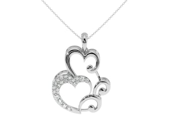 Diamond Heart Pendant | Double Heart necklace Mother Daughter Day Gift in 10kt, 14kt rose, yellow, white gold or 925 sterling silver.