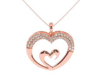0.33 carat gold, silver heart in heart diamond pendant. Heart pendant with chain in rose, yellow, white gold or silver. Diamond Gift for her