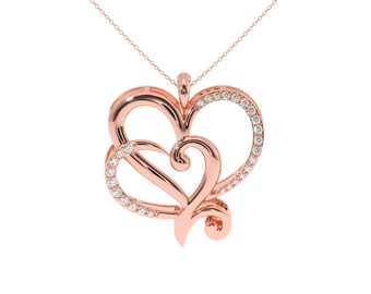 10,14Kt Gold and diamond Double heart necklace. Heart in heart pendant in Gold or Silver with chain. Valentine day gift necklace heart twin
