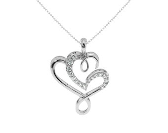 Twin heart diamond pendant in silver or yellow, white, rose gold with chain.  Interlocking heart pendant engravable necklace in 10K, 14K