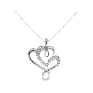 May include: A silver necklace with a double heart pendant. The pendant is adorned with small clear stones.
