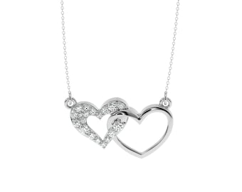 Diamond Connected Heart Necklace | Double heart diamond pendant chain | Interlocking heart necklace in Gold / Silver | Thanksgiving Gift