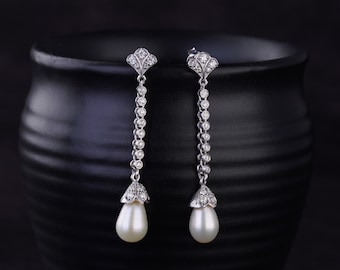 White natural Freshwater Pearl Statement Drop Earrings | Dangling Diamond Earrings | Anniversary Gift Bridal Silver Pearl Diamond Earrings
