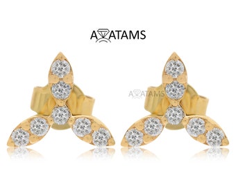 Three Petal Flower Stud Earring | Cluster composite round Diamond Ear tops in 10Kt Gold | Lab Grown Composite Diamond Floral leaf Earring