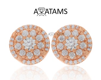 Moissanite Halo Diamond Earrings in Rose Gold | Cluster Diamond Earring 10Kt Gold | Eco Friendly Composite Diamond Frame Earrings