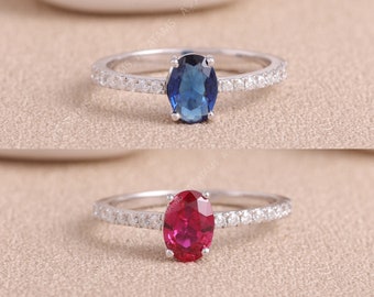 Genuine red Ruby Diamond Engagement Ring. Oval solitaire diamond ring. Elegant silver Diamond Ring. Oval Blue Topaz Gemstone Diamond Ring.