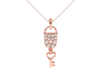 Lock and Key Necklace in Rose Gold | Heart Shaped Key Silver Pendant | Love Lock Charm with Gold Chain Perfect Valentine Gift for Her