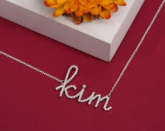 Personalized diamond name necklace with chain in sterling Silver. Perfect gift for her. Available in yellow, white or rose gold and silver.