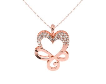 0.21 carat Infinity diamond heart pendant in 14Kt Gold or Silver base metal . Heart and knot, natural or man made diamond pendant with chain