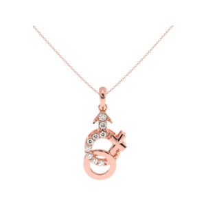 May include: A rose gold necklace with a pendant featuring the male and female symbols intertwined. The symbols are adorned with clear cubic zirconia stones.