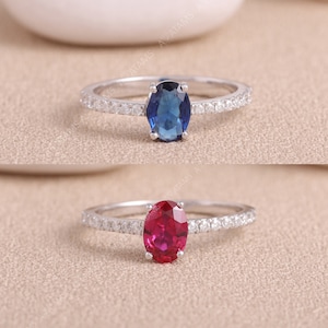 Genuine red Ruby Diamond Engagement Ring. Oval diamond solitaire ring. Elegant silver Diamond Ring. Oval Blue Topaz Gemstone Diamond band.
