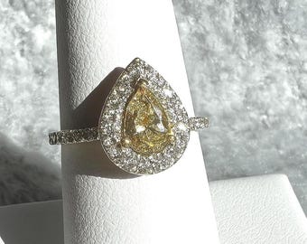 0.99 carat Pear cut genuine, natural fancy yellow diamond solitaire ring. Sparkly teardrop Diamond Halo Engagement Ring. Anniversary Gift