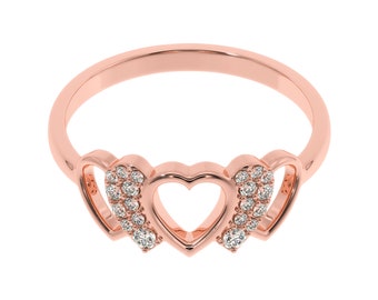 Heart Diamond Wings Gold Ring | Triple Heart Engagement Ring | Love Ring For Women |Natural Diamond Wedding Ring in silver or Gold tones.