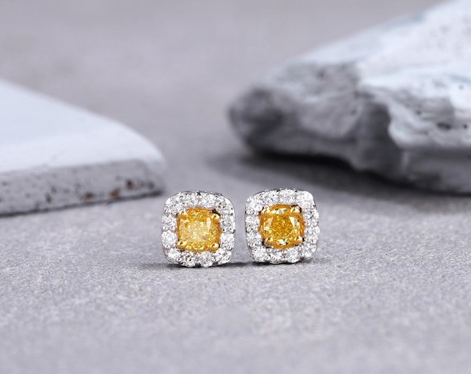 Featured listing image: Genuine natural fancy yellow diamond cushion cut gold earrings. SI-VS quality 0.5-1.5 carat total weight. Canary Yellow diamond halo earring