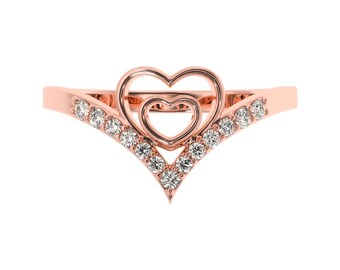 Genuine Natural Diamond Heart Ring for couples. Golden Heart Ring | Love in the Heart 10K or 14K Gold Ring | Double Hearts Wedding Ring